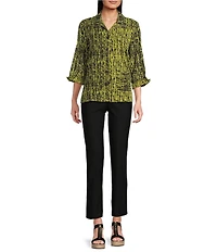 Ali Miles Woven Black Stroke Print Point Collar 3/4 Sleeve Button Front Tunic