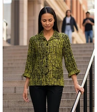 Ali Miles Woven Black Stroke Print Point Collar 3/4 Sleeve Button Front Tunic