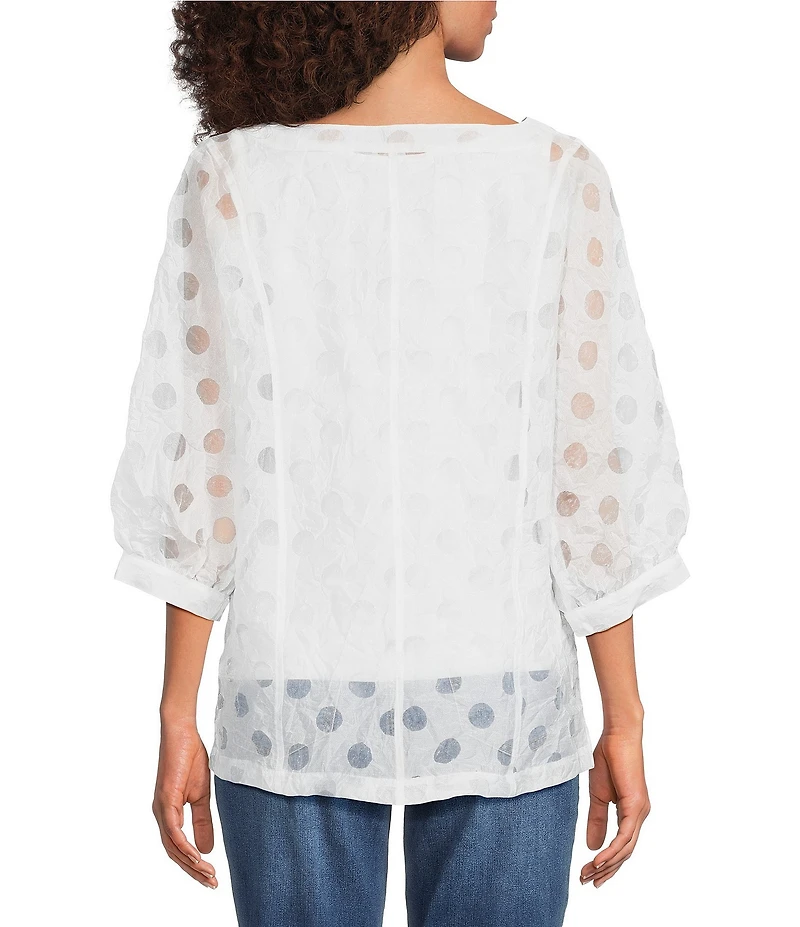 Ali Miles Woven Burnout Dot Round Neck 3/4 Cuffed Sleeve Popover Top