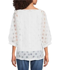 Ali Miles Woven Burnout Dot Round Neck 3/4 Cuffed Sleeve Popover Top