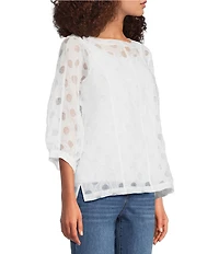 Ali Miles Woven Burnout Dot Round Neck 3/4 Cuffed Sleeve Popover Top