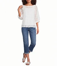Ali Miles Woven Burnout Dot Round Neck 3/4 Cuffed Sleeve Popover Top