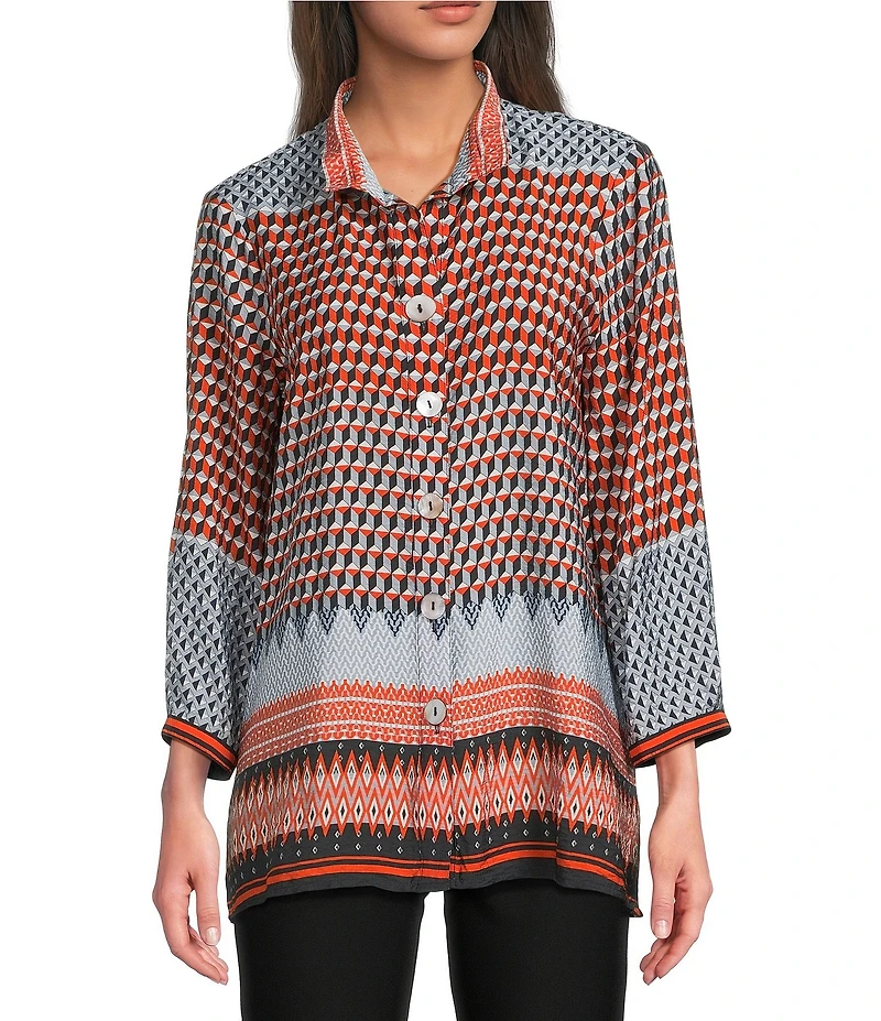 Ali Miles Woven Chevron Geo Print Wire Collar 3/4 Cuff Sleeve Hi-Low Hem Button Front Tunic