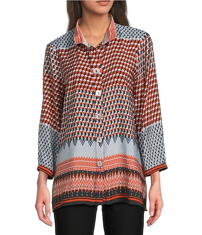 Ali Miles Woven Chevron Geo Print Wire Collar 3/4 Cuff Sleeve Hi-Low Hem Button Front Tunic