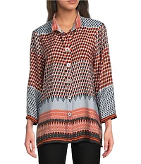 Ali Miles Woven Chevron Geo Print Wire Collar 3/4 Cuff Sleeve Hi-Low Hem Button Front Tunic
