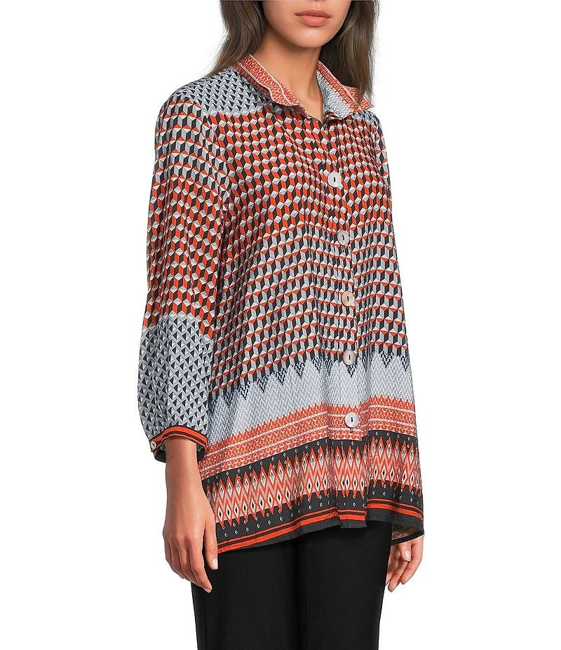 Ali Miles Woven Chevron Geo Print Wire Collar 3/4 Cuff Sleeve Hi-Low Hem Button Front Tunic