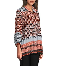 Ali Miles Woven Chevron Geo Print Wire Collar 3/4 Cuff Sleeve Hi-Low Hem Button Front Tunic