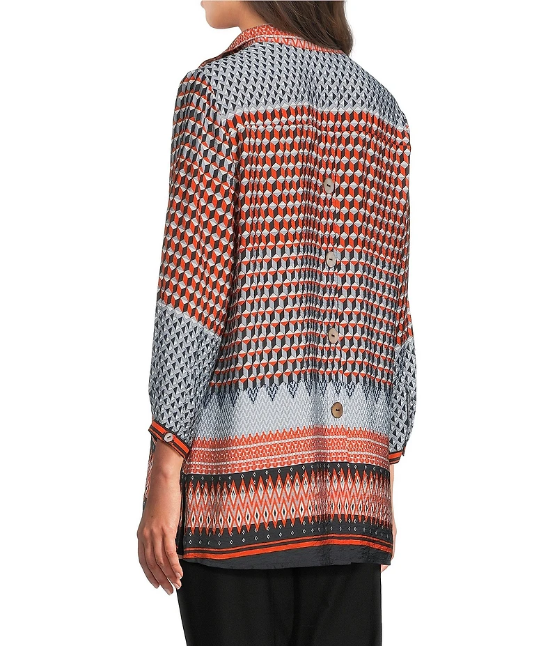 Ali Miles Woven Chevron Geo Print Wire Collar 3/4 Cuff Sleeve Hi-Low Hem Button Front Tunic