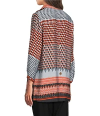Ali Miles Woven Chevron Geo Print Wire Collar 3/4 Cuff Sleeve Hi-Low Hem Button Front Tunic