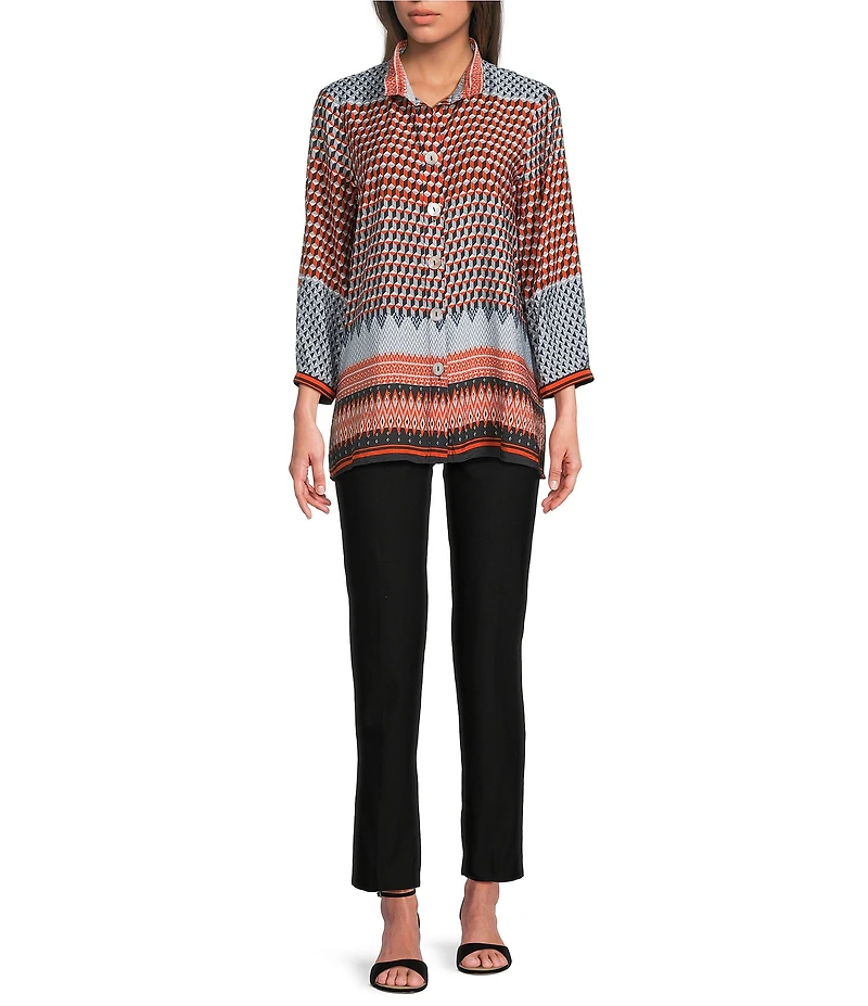 Ali Miles Woven Chevron Geo Print Wire Collar 3/4 Cuff Sleeve Hi-Low Hem Button Front Tunic