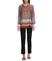 Ali Miles Woven Chevron Geo Print Wire Collar 3/4 Cuff Sleeve Hi-Low Hem Button Front Tunic