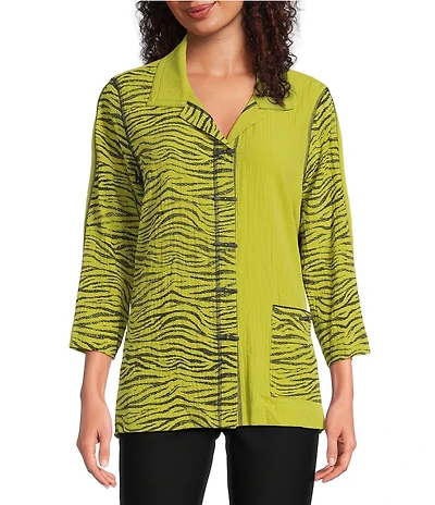 Ali Miles Woven Colorblock Zebra Printed Point Collar 3/4 Sleeve Button Front Tunic