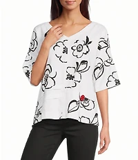 Ali Miles Woven Contrast Floral Side V-Neck Elbow length Sleeve Popover Top