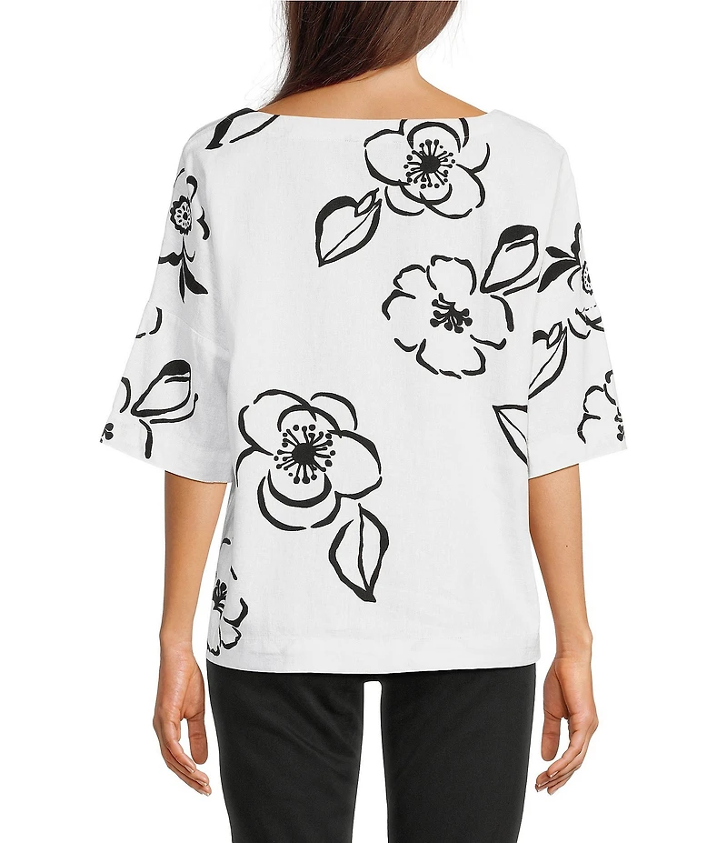 Ali Miles Woven Contrast Floral Side V-Neck Elbow length Sleeve Popover Top