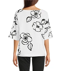 Ali Miles Woven Contrast Floral Side V-Neck Elbow length Sleeve Popover Top