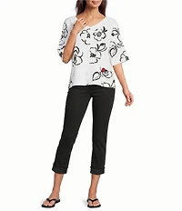 Ali Miles Woven Contrast Floral Side V-Neck Elbow length Sleeve Popover Top