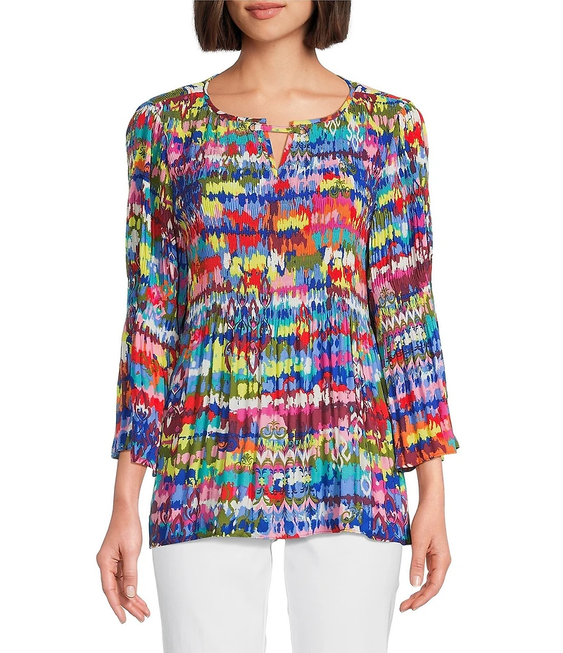 Ali Miles Woven Crinkle Chevron Ikat Print Split V-Neck 3/4 Flounce Sleeve Tunic