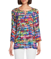 Ali Miles Woven Crinkle Chevron Ikat Print Split V-Neck 3/4 Flounce Sleeve Tunic