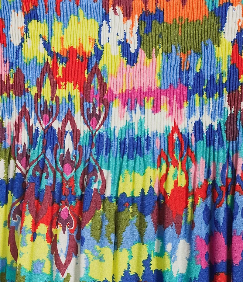 Ali Miles Woven Crinkle Chevron Ikat Print Split V-Neck 3/4 Flounce Sleeve Tunic