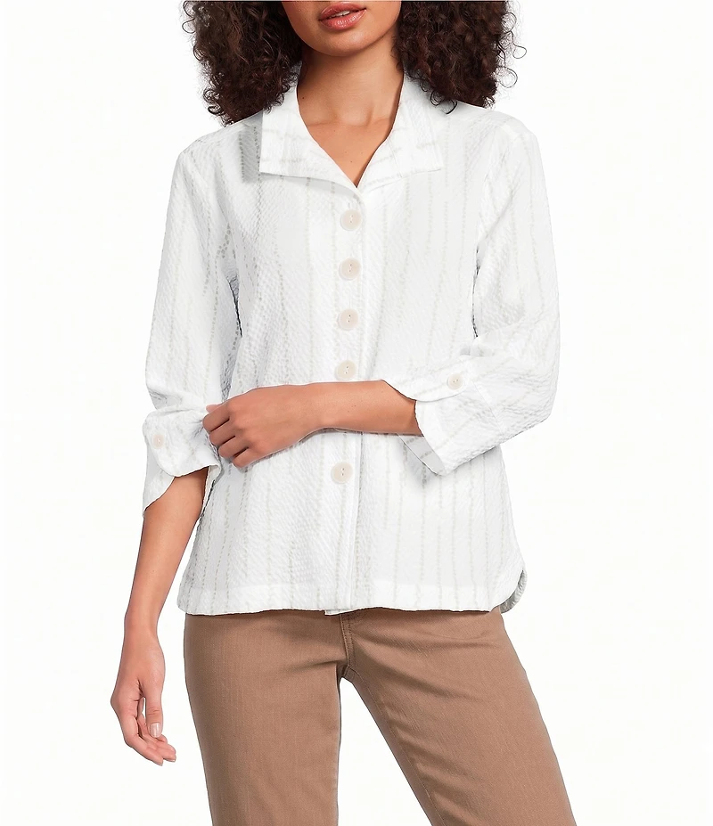 Ali Miles Woven Dotted Stripe Wire Collar 3/4 Sleeve Button-Front Shirt