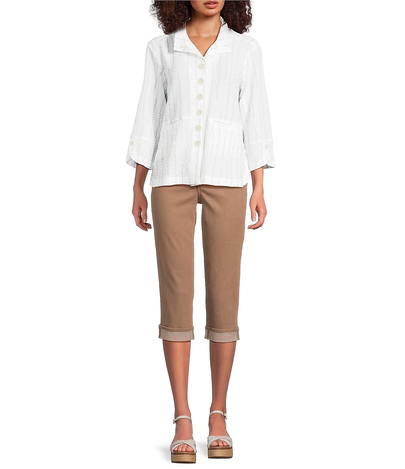 Ali Miles Woven Dotted Stripe Wire Collar 3/4 Sleeve Button-Front Shirt