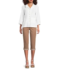 Ali Miles Woven Dotted Stripe Wire Collar 3/4 Sleeve Button-Front Shirt