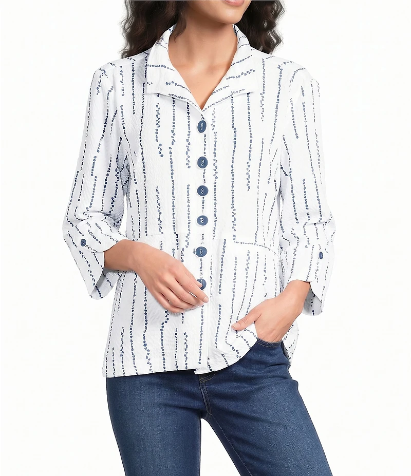 Ali Miles Woven Dotted Stripe Wire Collar 3/4 Sleeve Button-Front Shirt