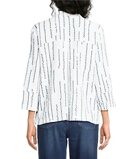 Ali Miles Woven Dotted Stripe Wire Collar 3/4 Sleeve Button-Front Shirt