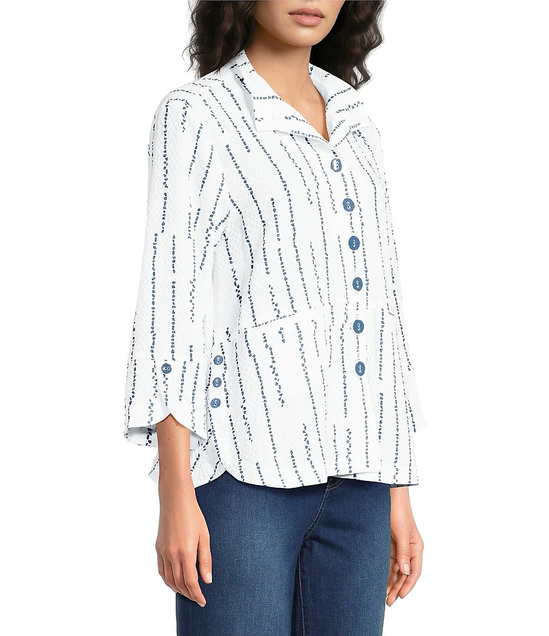 Ali Miles Woven Dotted Stripe Wire Collar 3/4 Sleeve Button-Front Shirt