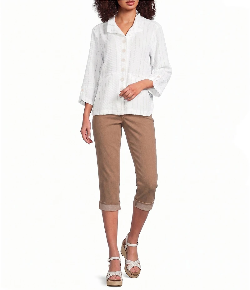 Ali Miles Woven Dotted Stripe Wire Collar 3/4 Sleeve Button-Front Shirt