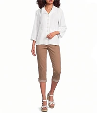 Ali Miles Woven Dotted Stripe Wire Collar 3/4 Sleeve Button-Front Shirt