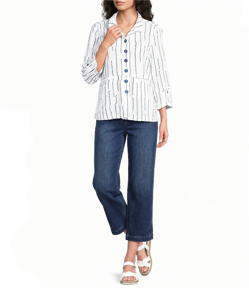 Ali Miles Woven Dotted Stripe Wire Collar 3/4 Sleeve Button-Front Shirt