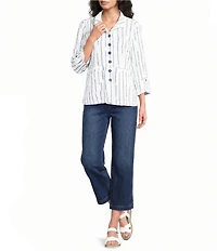 Ali Miles Woven Dotted Stripe Wire Collar 3/4 Sleeve Button-Front Shirt