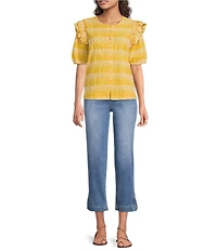 Ali Miles Woven Embroidered Ruffle Round Neck Short Sleeve Button Front Shirt