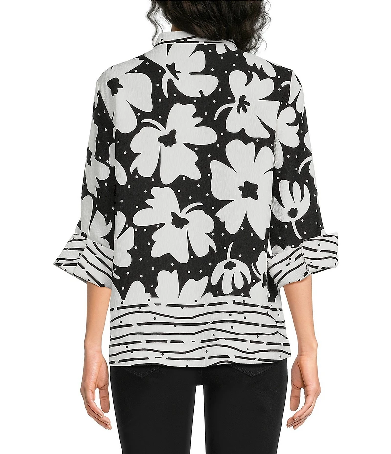 Ali Miles Woven Floral Abstract Line Border Print Wire Collar 3/4 Bell Sleeve Jacket