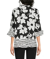 Ali Miles Woven Floral Abstract Line Border Print Wire Collar 3/4 Bell Sleeve Jacket