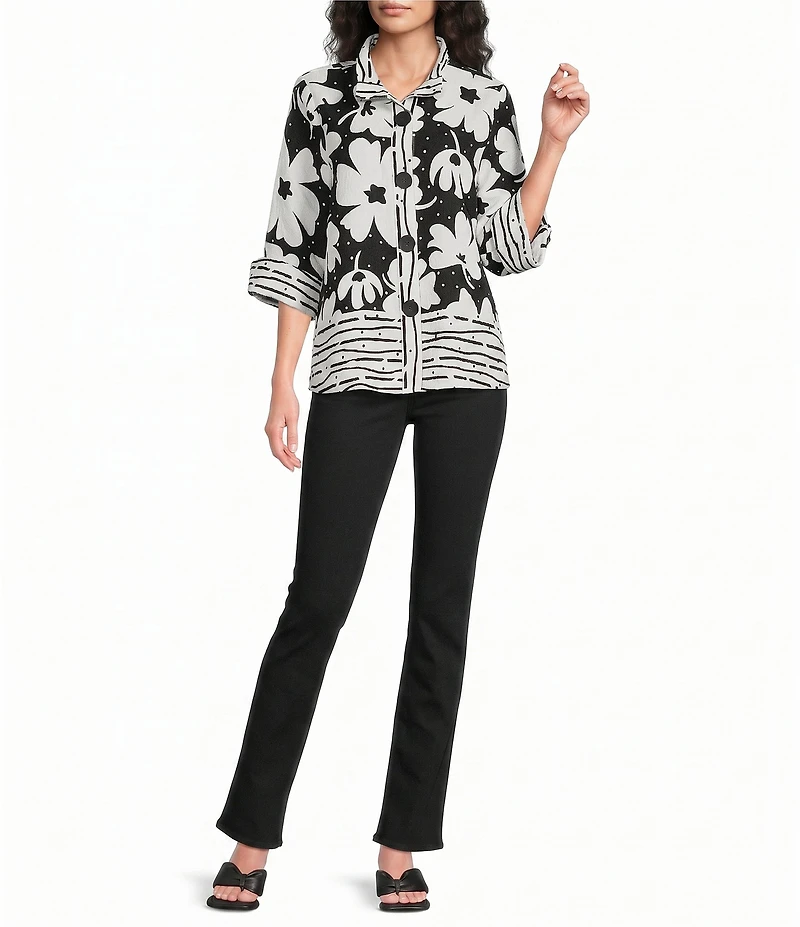 Ali Miles Woven Floral Abstract Line Border Print Wire Collar 3/4 Bell Sleeve Jacket