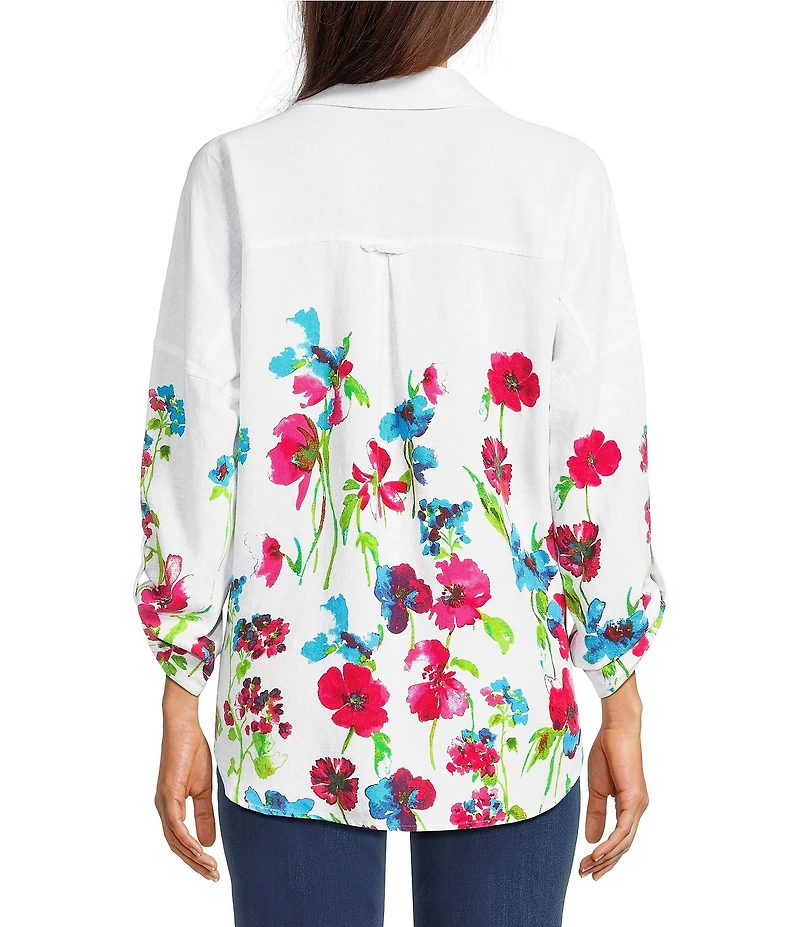 Ali Miles Woven Floral Border Linen Blend Print Point Collar Long Roll-Tab Sleeve Button Tie Front Shirt
