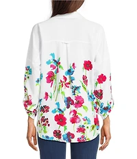 Ali Miles Woven Floral Border Linen Blend Print Point Collar Long Roll-Tab Sleeve Button Tie Front Shirt