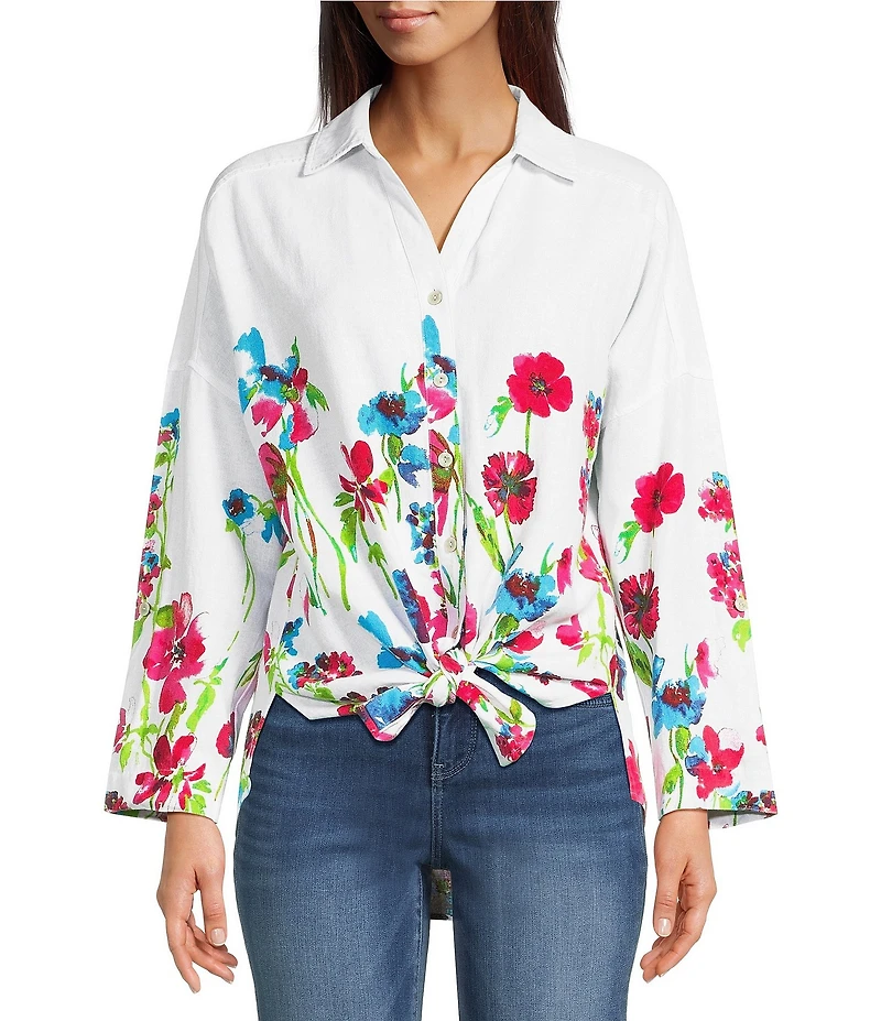 Ali Miles Woven Floral Border Linen Blend Print Point Collar Long Roll-Tab Sleeve Button Tie Front Shirt