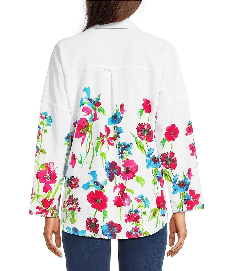Ali Miles Woven Floral Border Linen Blend Print Point Collar Long Roll-Tab Sleeve Button Tie Front Shirt