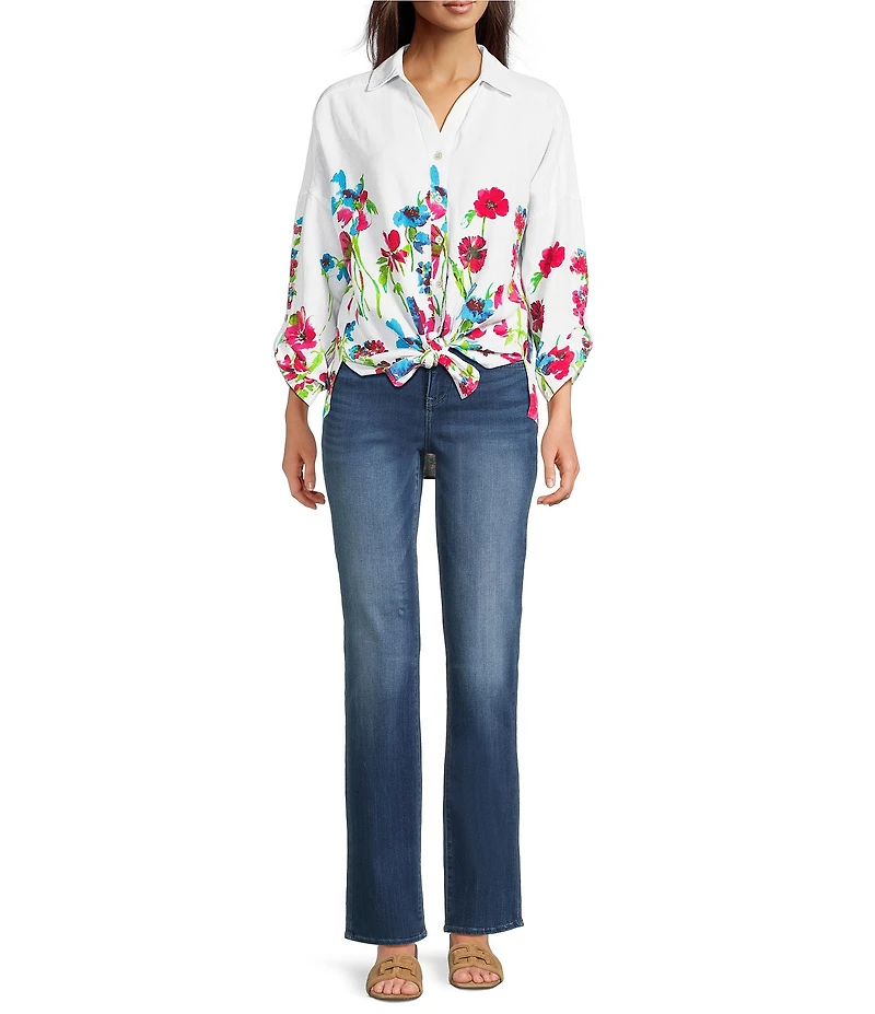 Ali Miles Woven Floral Border Linen Blend Print Point Collar Long Roll-Tab Sleeve Button Tie Front Shirt