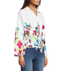 Ali Miles Woven Floral Border Linen Blend Print Point Collar Long Roll-Tab Sleeve Button Tie Front Shirt