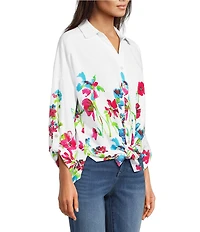 Ali Miles Woven Floral Border Linen Blend Print Point Collar Long Roll-Tab Sleeve Button Tie Front Shirt