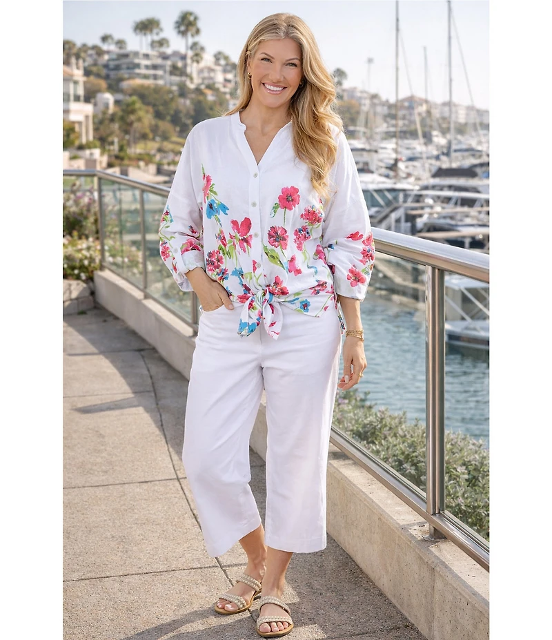 Ali Miles Woven Floral Border Linen Blend Print Point Collar Long Roll-Tab Sleeve Button Tie Front Shirt