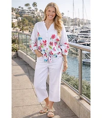 Ali Miles Woven Floral Border Linen Blend Print Point Collar Long Roll-Tab Sleeve Button Tie Front Shirt