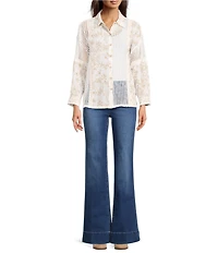 Ali Miles Woven Floral Lace Panel Insets Point Collar Long Roll-Tab Sleeve Button Front Tunic