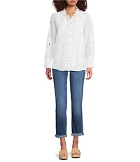 Ali Miles Woven Floral Lace Point Collar Long Sleeve Woven Layer Tank Button Front Tunic