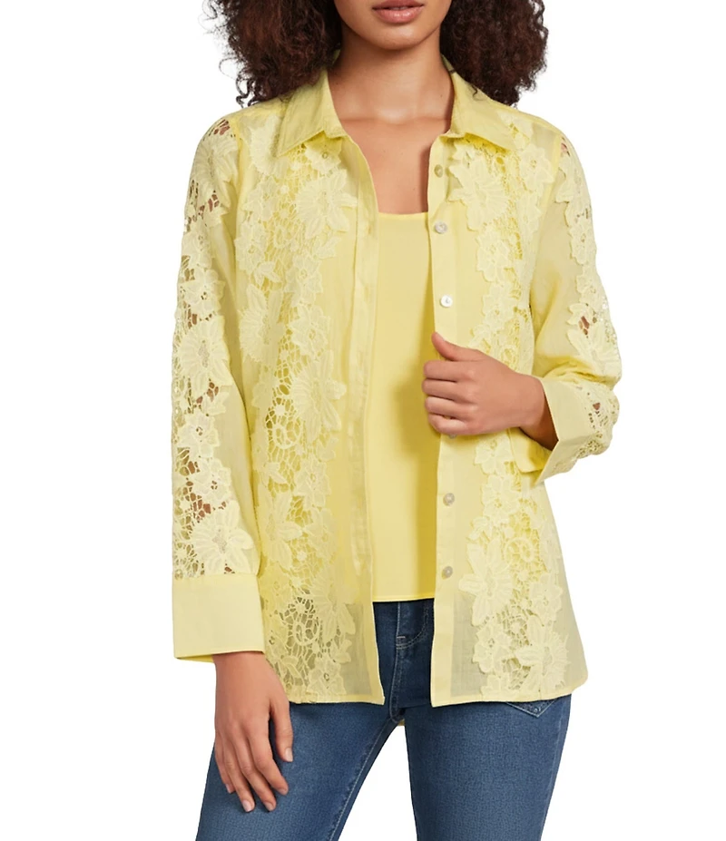 Ali Miles Woven Floral Lace Point Collar Long Sleeve Woven Layer Tank Button Front Tunic