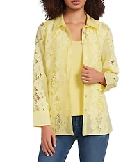 Ali Miles Woven Floral Lace Point Collar Long Sleeve Woven Layer Tank Button Front Tunic